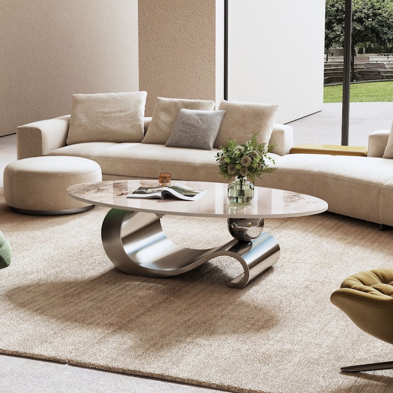49.2" Faux Marble Oval Coffee Table, Contemporary Stainless Steel Base, Modern Center Table For Living Room