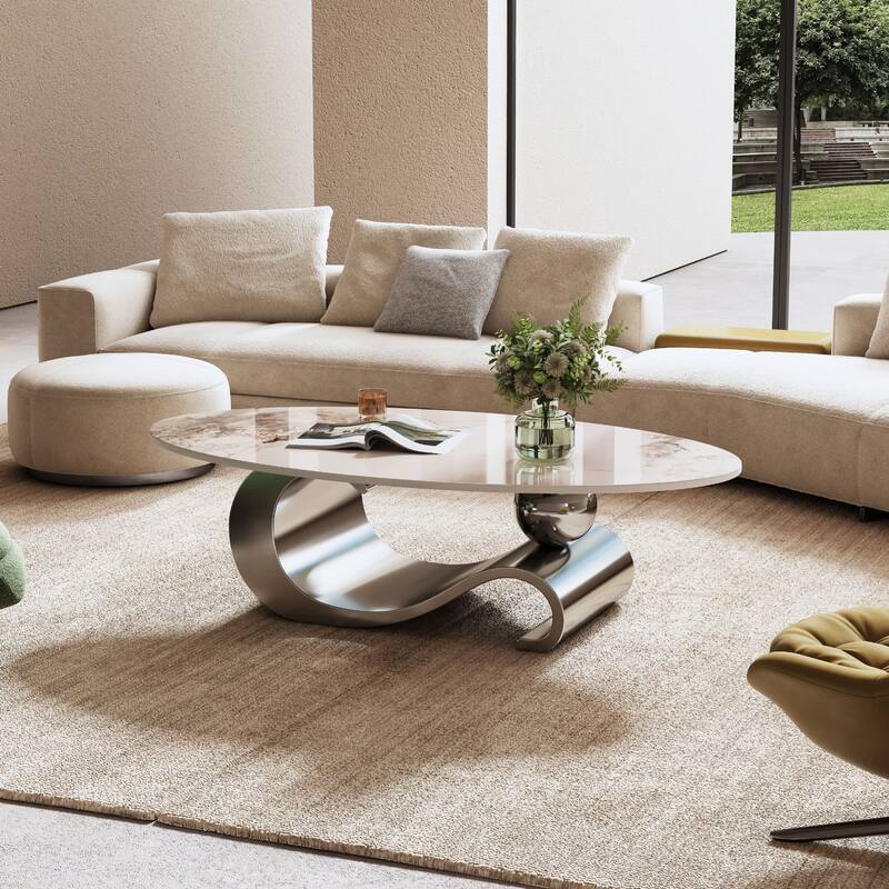 GDFStudio - Contemporary 49.2" Oval Sintered Stone Coffee Table with S-Shaped Stainless Steel Base & Novel-Pattern Top