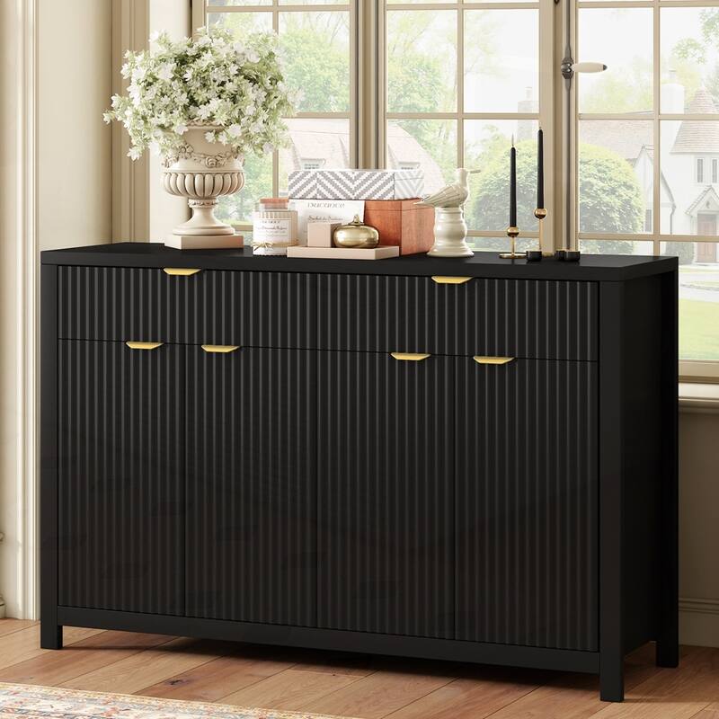 Wave-Pattern Sideboard Cabinet with 2 Drawers and 4 Doors - Black