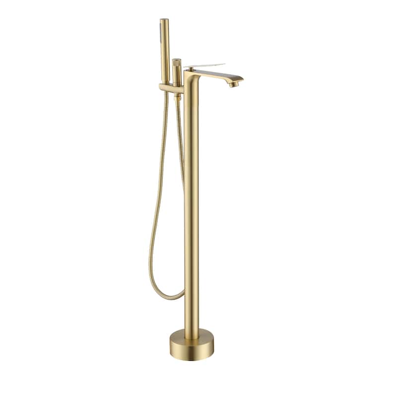 Bathtub Faucet, Floor Mount Free Standing Bathtub Faucet Tub Filler w/ Handheld Shower - Brushed Gold