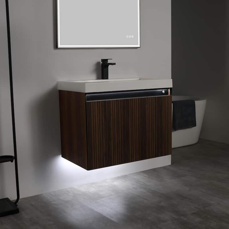 Blossom Lille Brown Walnut Floating Vanity with LED & Acrylic Sink