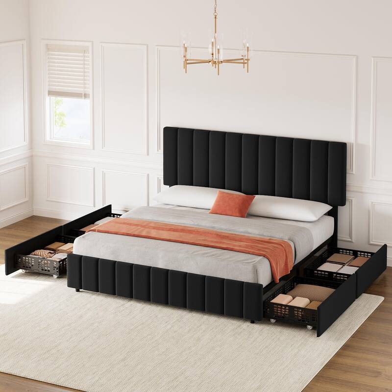 Bed Frame with 4 Storage Drawers and Adjustable Headboard