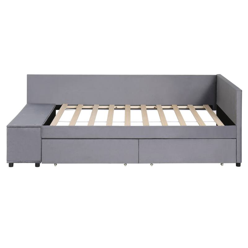 Twin Size L-Shaped Upholstered Platform Bed with Storage and Drawers in Gray