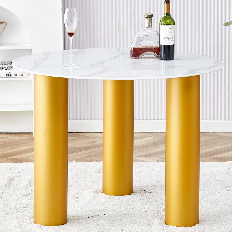 Roomfitters Round Dining Table with Faux Marble Glass Top and Golden MDF Legs for Kitchen or Living Room, White