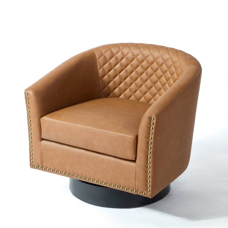 Tufted PU Vegan Leather Swivel Barrel Chair with Nailheads Trim