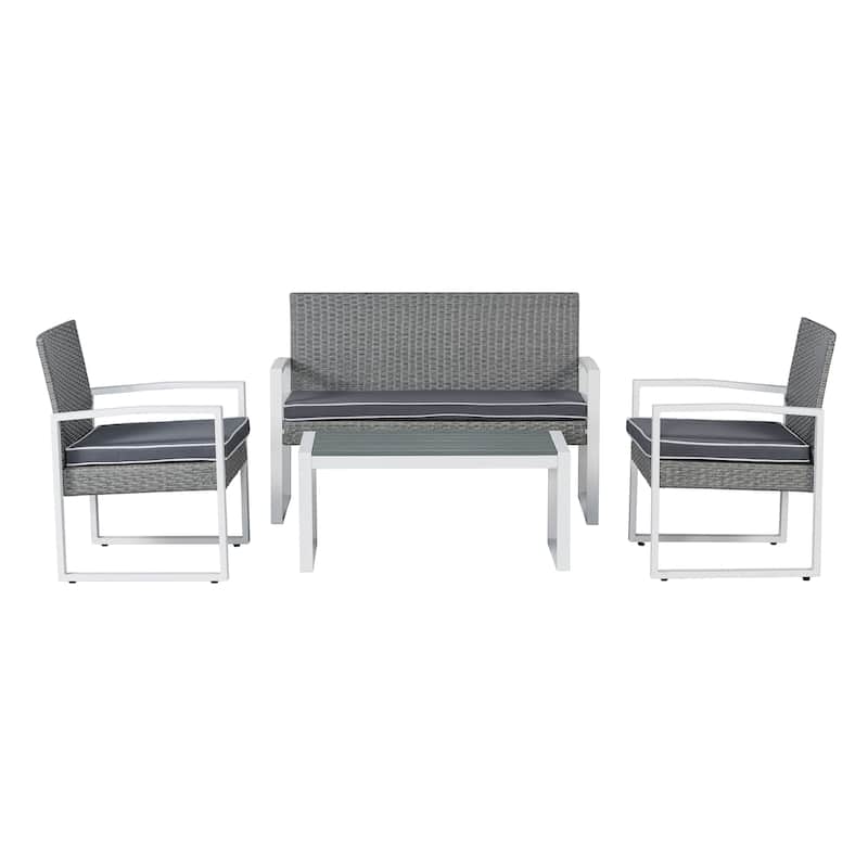 Thom 4-Piece Modern Coastal Faux Wicker Conversation Outdoor Patio Set, by JONATHAN Y - Gray