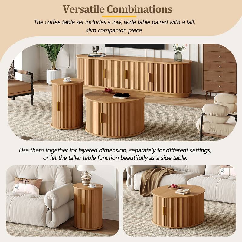 Fluted Sliding Door TV Stand & Coffee Table Set, Wooden Media Cabinet TV Console for TVs up to 75", 3-Piece Living Room Set