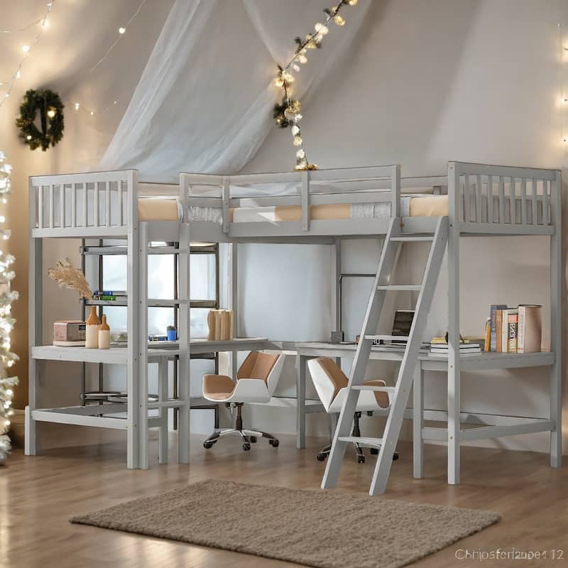 Wood Twin Size LShaped Loft Bed with Ladder and 2 Builtin LShaped