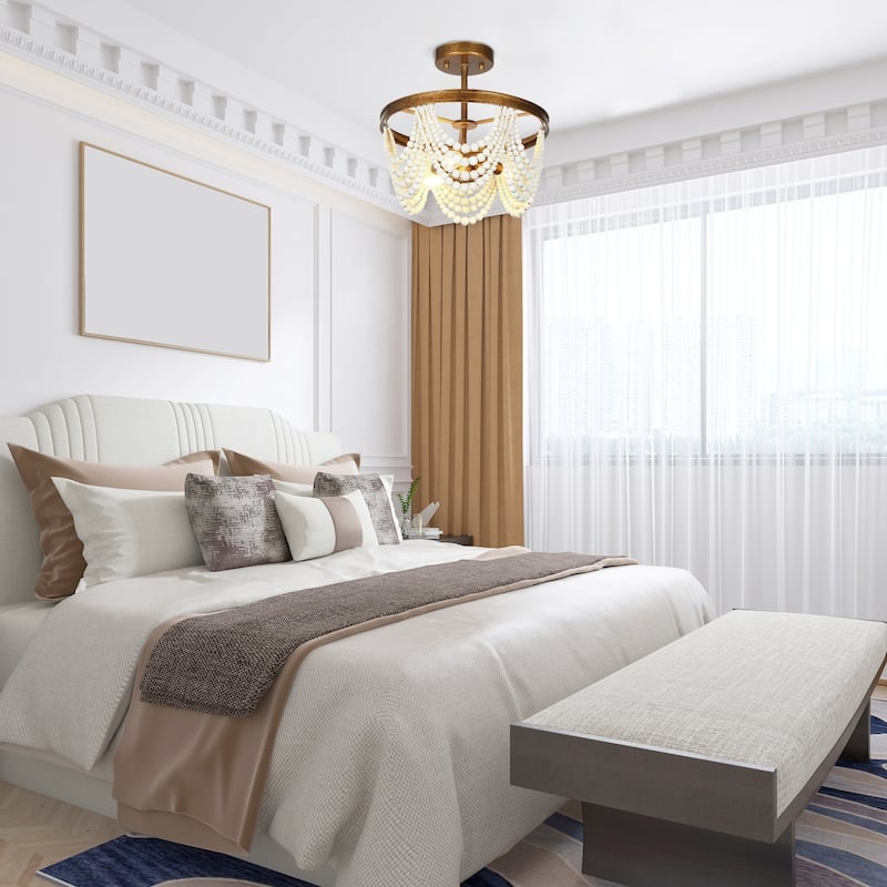 Renia Mid-century Modern Gold Semi Flush Mount Ceiling Lights Distressed White Wood Beads Chandelier Kitchen Bedroom Hallway