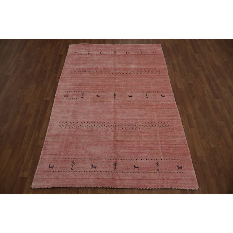 Hand Knotted Oriental 100% Wool Carpet Tribal Animal Pictorial Pink Gabbeh Area Rug - 7' 10'' X 5' 1''