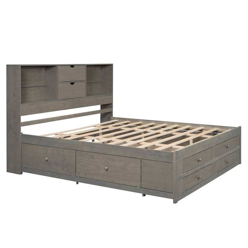 Queen Size Storage Bed Platform Bed with Open Storage Headboard, 4 Under-bed Drawers, 4 Bed End Drawers, Grey Wooden Bed