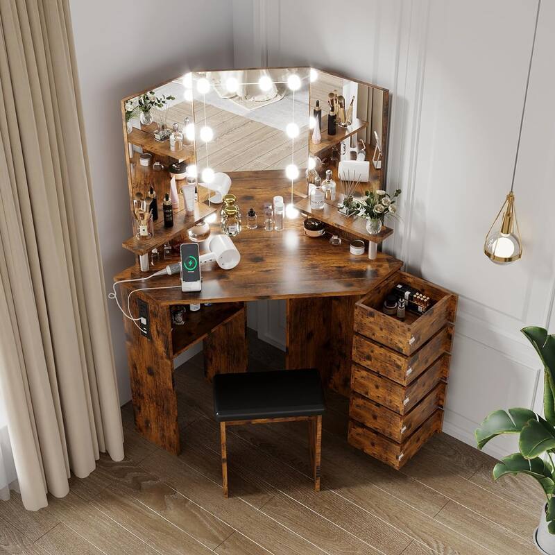 Makeup Vanity Desk with Lights & Power Outlet, Corner Vanity Table with 5 Rotating Drawers