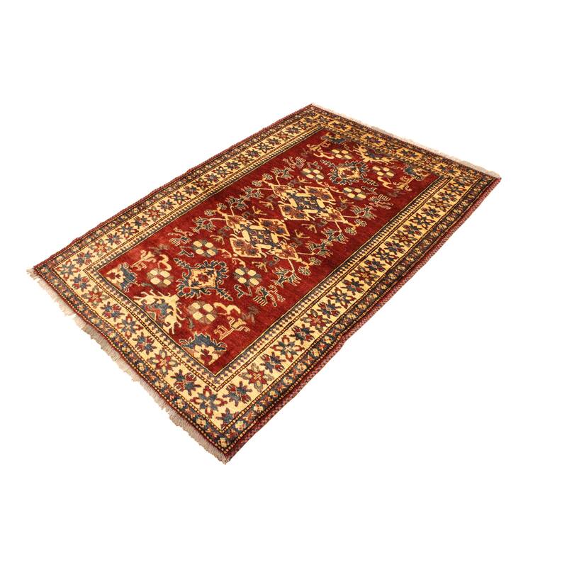 Rustic Super Kazak Zephyr Red/Gold Hand Knotted Wool Rug - 4'0'' x 5'7''