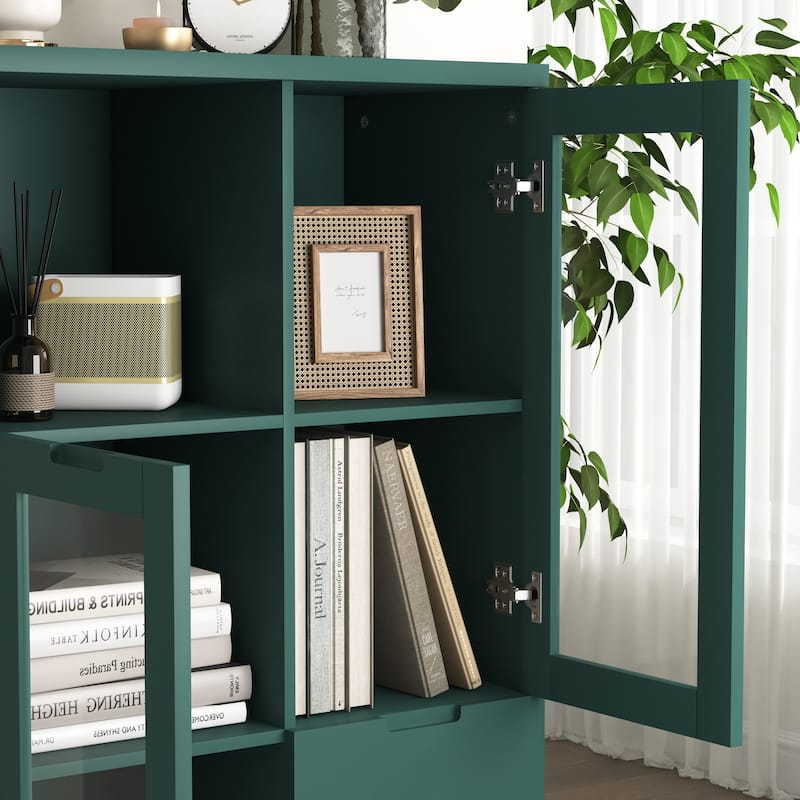 Wooden Floor Cabinet with 2 Glass Doors and 2 Storage Space
