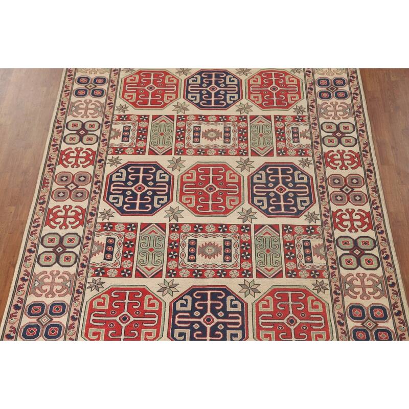 All-Over Geometric Kazak Area Rug Handmade Wool Carpet - 6'9" x 9'6"