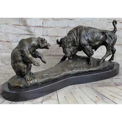 Bear Vs. American Buffalo Bison Bronze Metal Statue Sculpture On Marble Base
