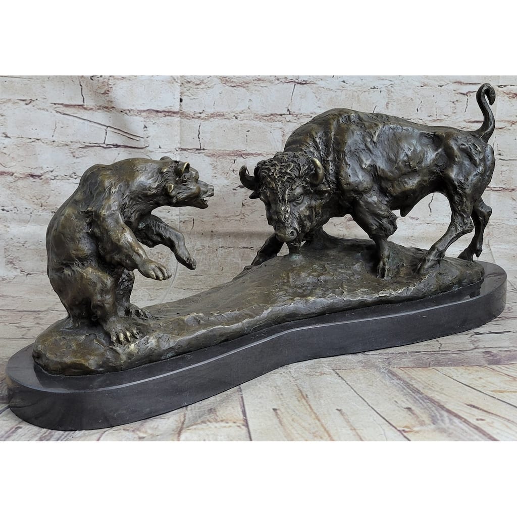 Bear Vs. American Buffalo Bison Bronze Metal Statue Sculpture On Marble Base