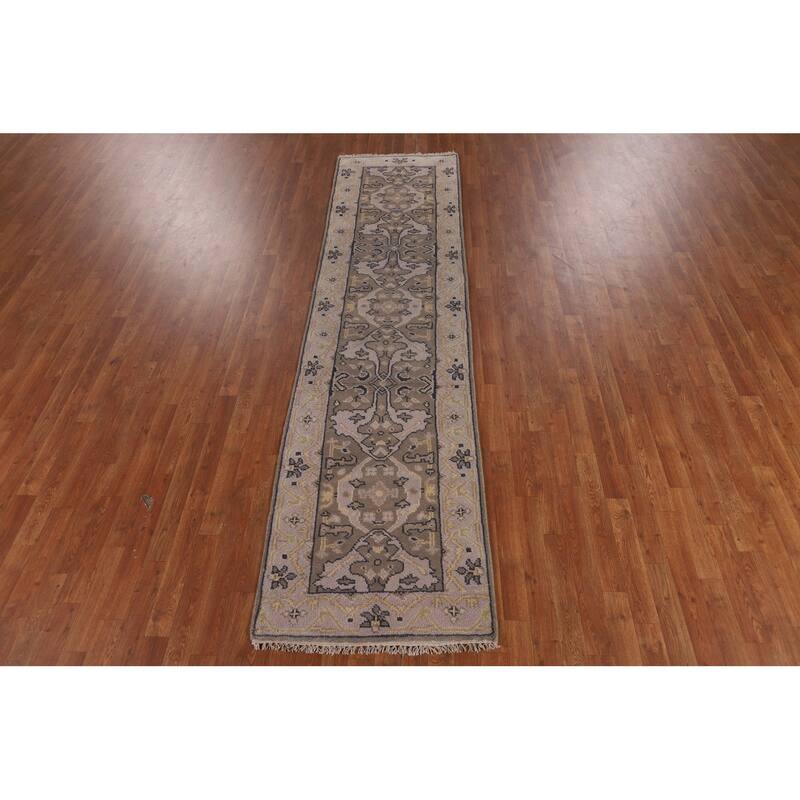 All-Over Oushak Oriental Runner Rug Handmade Brown Wool Carpet - 2'8" x 10'11"