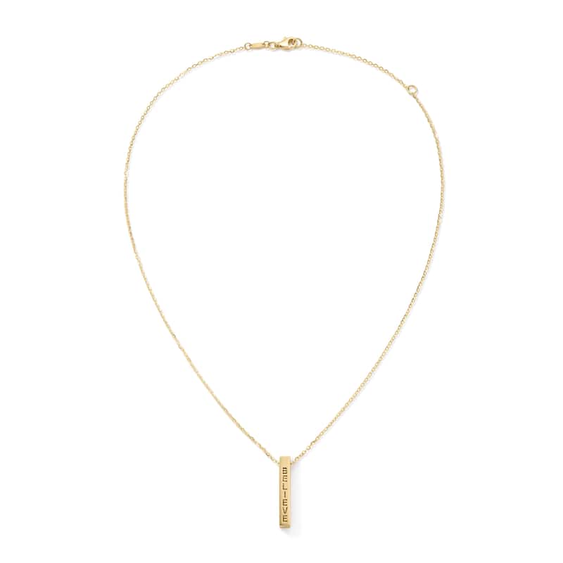 Clover 14K Yellow Gold Inspirational Bar Pendant Necklace - Hope Faith Believe Blessed - Adjustable 16-18"