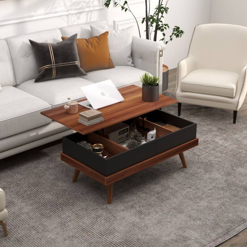 Lift Top Coffee Table, 39.25" Coffee Table with Hidden Compartments and Wood Legs, Walnut