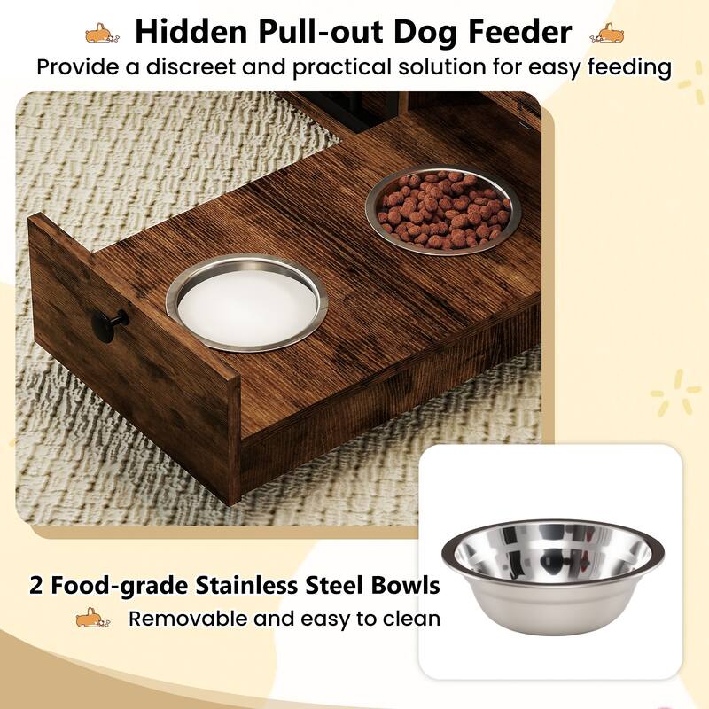 Gymax 47 5''Dog Crate End Table w/ Hidden Bowls & Storage