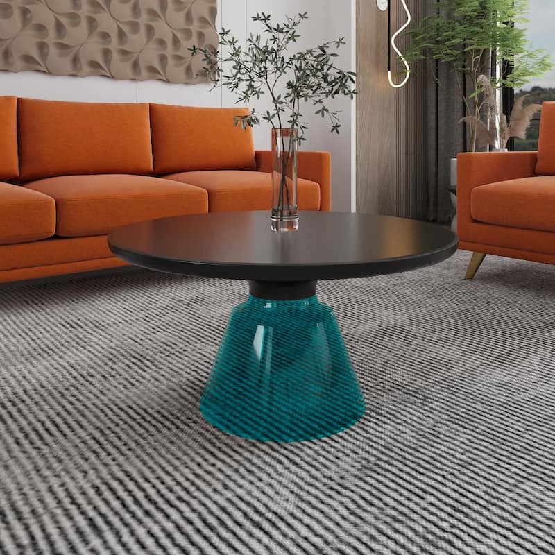 30-Inch Round Coffee Table Glass/Stone Tabletop with Black Iron Rim Frame Glass Pedestal Base