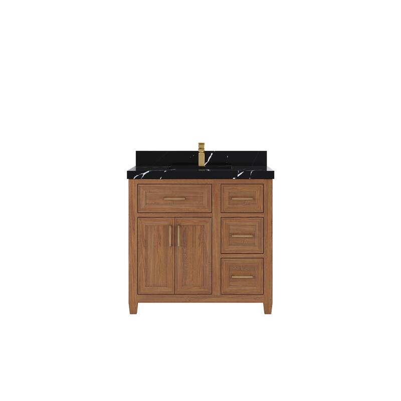 Willow Collections 36 in. W x 22 in. D Santa Monica Teak Bathroom Vanity Center with Countertop - 2”Calacatta Black - Dark Natural Teak