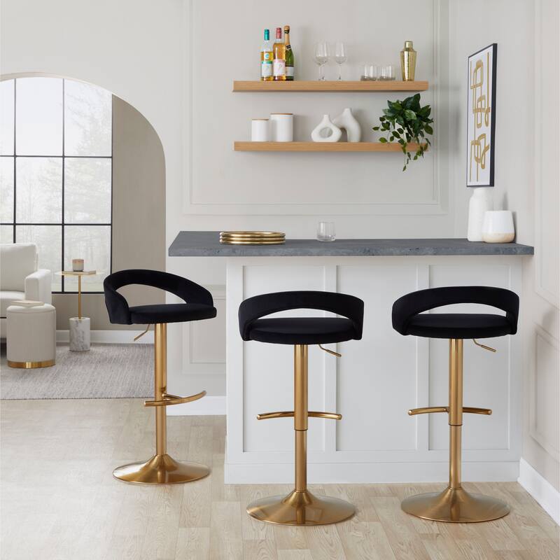Silver Orchid Stavenger Upholstered Adjustable Bar Stool with Gold Metal Base & Rounded T Footrest