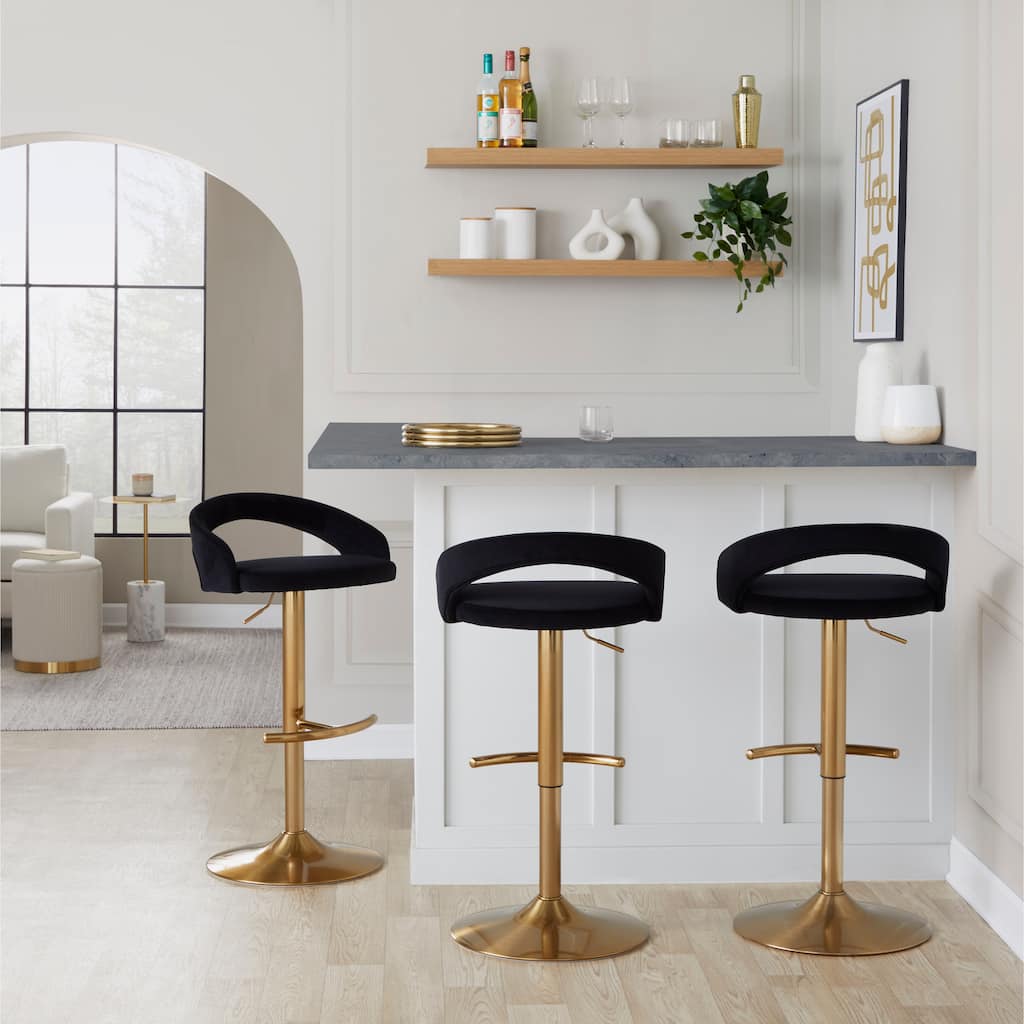 Silver Orchid Stavenger Upholstered Adjustable Bar Stool with Gold Metal Base & Rounded T Footrest