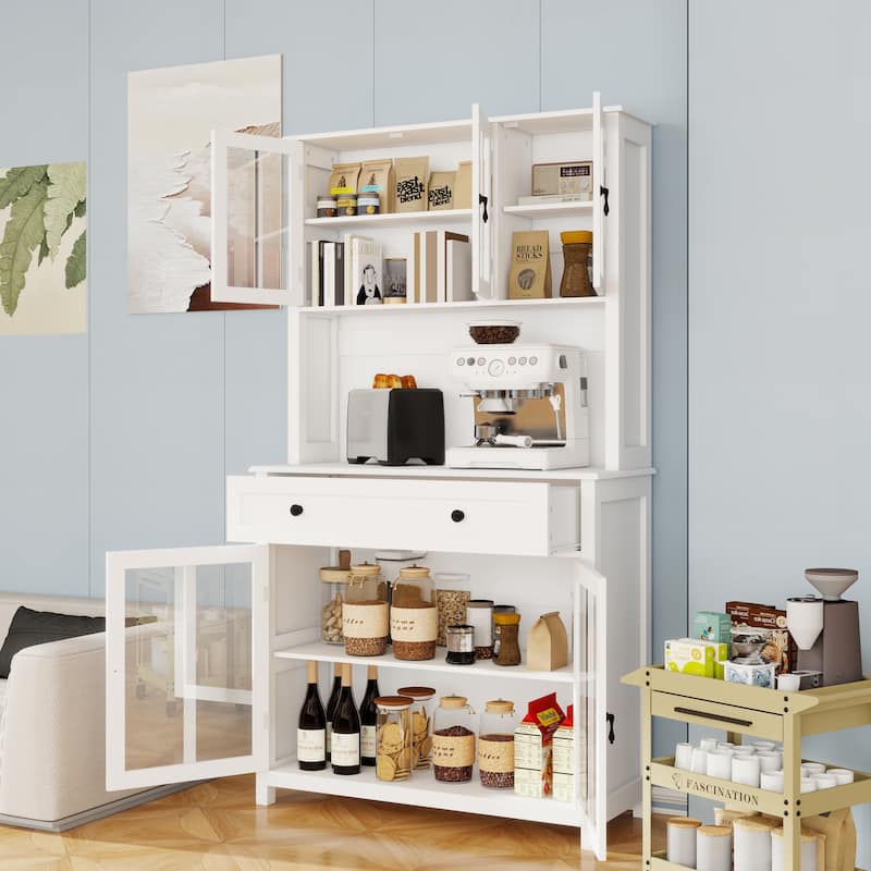 Kitchen Pantry Cabinet with 1 Large Drawer, Buffet Cabinet with Microwave Oven Countertop, Cabinet with Adjustable Shelves