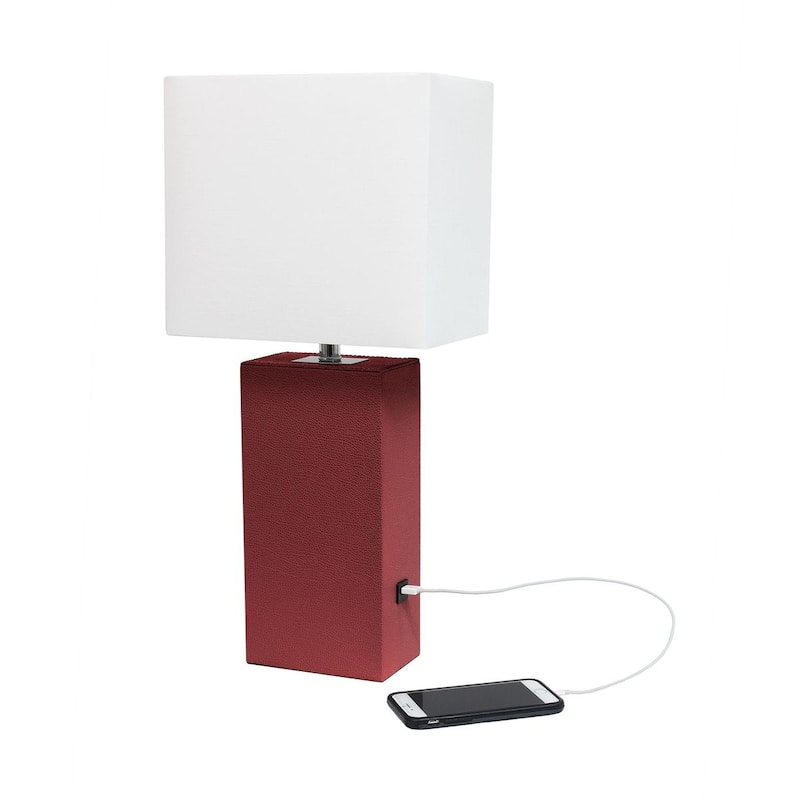 Modern Leather Table Lamp with USB and White Fabric Shade