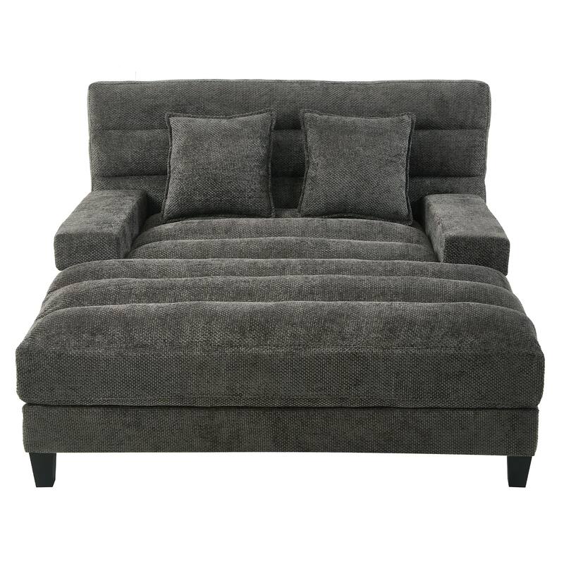 Modern Chaise Lounge Sofa 57.1" Sofa Bed Chenille Upholstered Lounge Sofa Chair with Adjustable Backrest and LED Light Strip