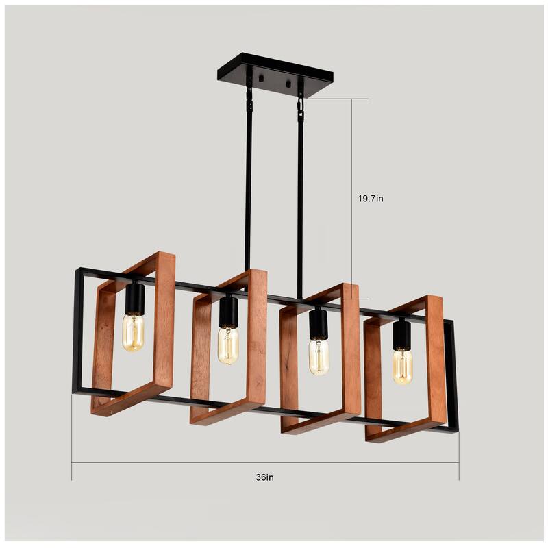 36" Farmhouse Kitchen Island Pendant Light, 4-Light Black Metal & Wood Dining Room Chandelier, Adjustable Height