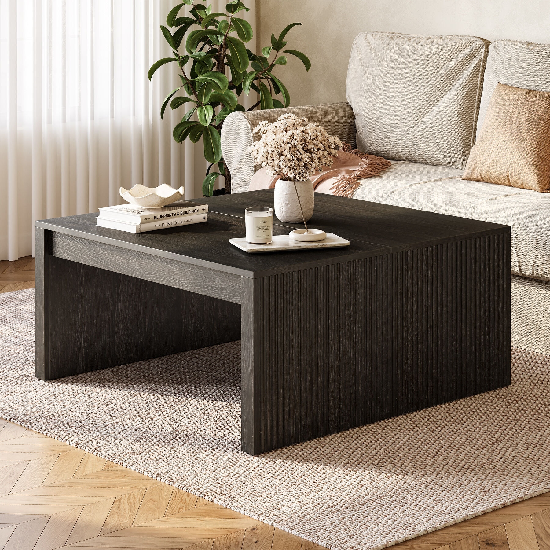 Mid-Century Modern Square Coffee Table, 39.4-Inch Fluted Coffee