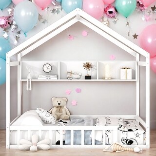 Full Size Wooden House Bed Kids Bed with Storage Shelf