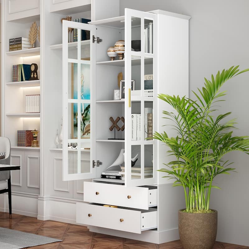 Glass Display Cabinet with 4 Shelves, 2 Doors Curio Cabinets Pantry - 31.5"Wx70.1"H