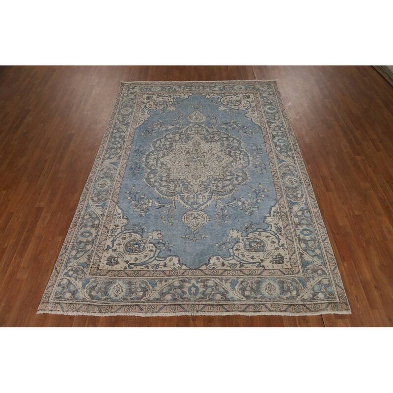 Blue Tabriz Persian Area Rug Handmade Traditional Floral Wool Carpet - 6'7"x 9'6"