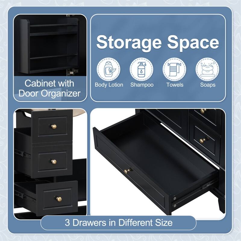 30" Bathroom Vanity with Ceramic Sink, Freestanding Bathroom Vanity Cabinet w/ 3 Storage Drawers, 1 Soft Close Door & Door Shelf