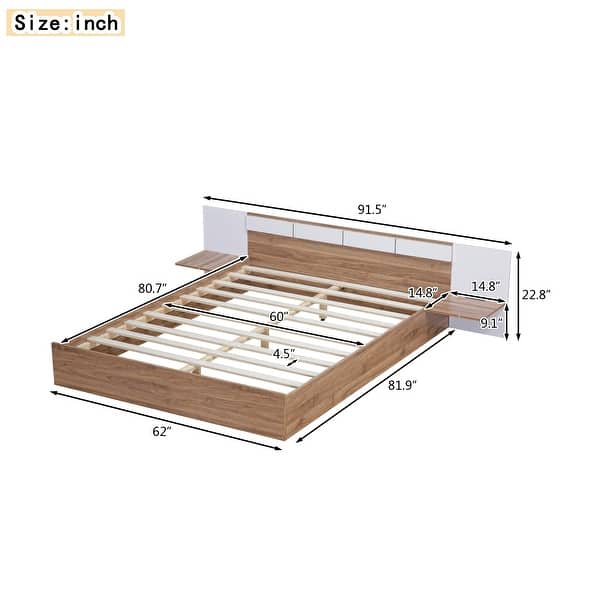 dimension image slide 0 of 2, Modern Simple Queen Size Platform Bed with Shelves, USB Ports and Sockets Multi-Functional Bed Frame for Kids Teens Adults