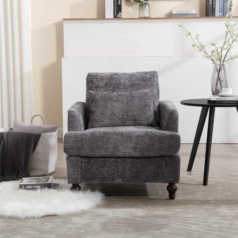 Gray Modern 29.53" Chenille Upholstered Arm Chair with Solid Wood Frame and Pillows