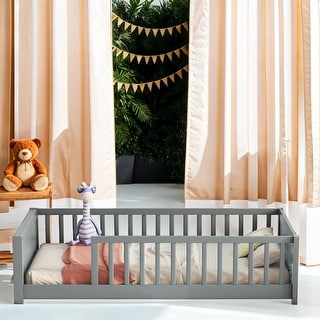 Twin Size Wood Floor Platform Bed with Built-in Book Storage Rack