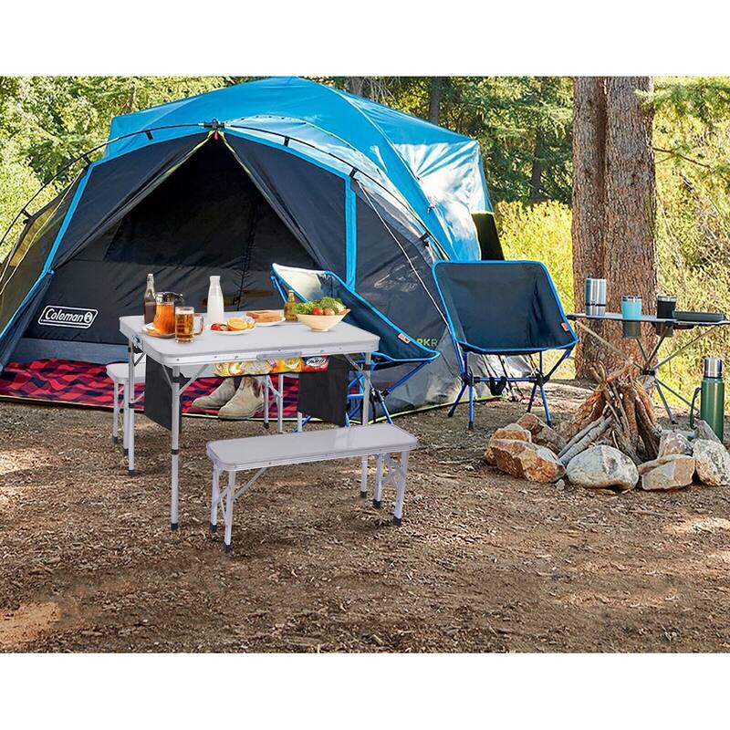 Picnic Table, Folding Picnic Table, Camping Table w/ 2 Bench, Hole for Umbrella