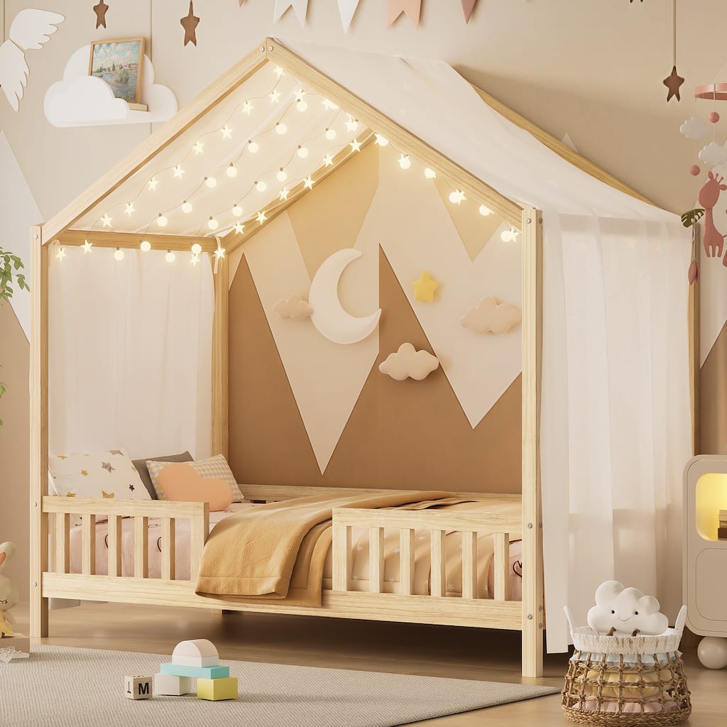 House-Shaped Twin Bed Frame with Canopy and Safety Railings for Kids