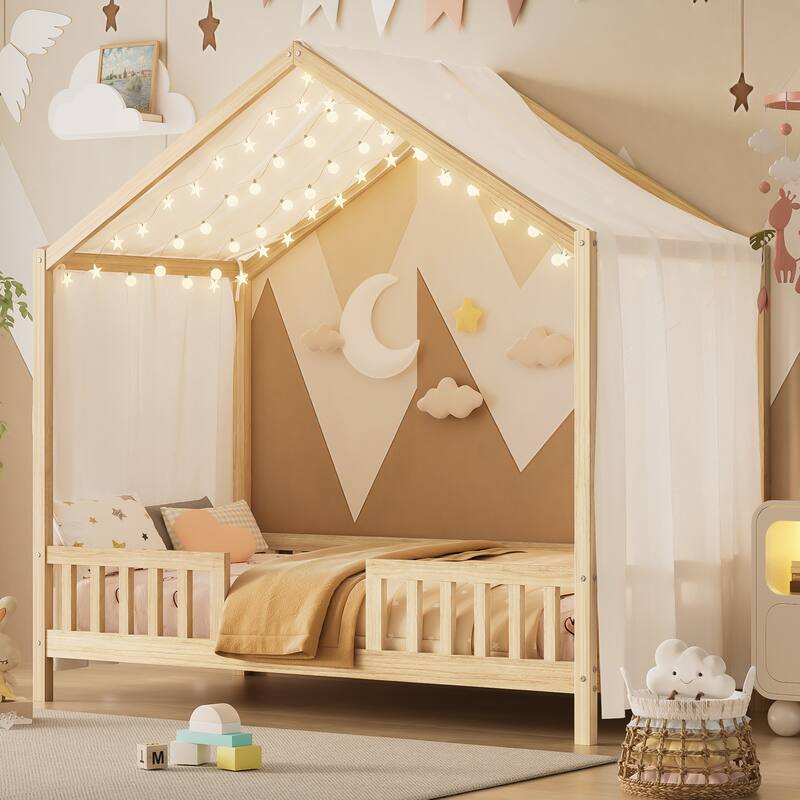 Roomfitters Montessori Floor Bed with Canopy, House Shape Wood Frame with Safety Rails, Youth Platform Bed
