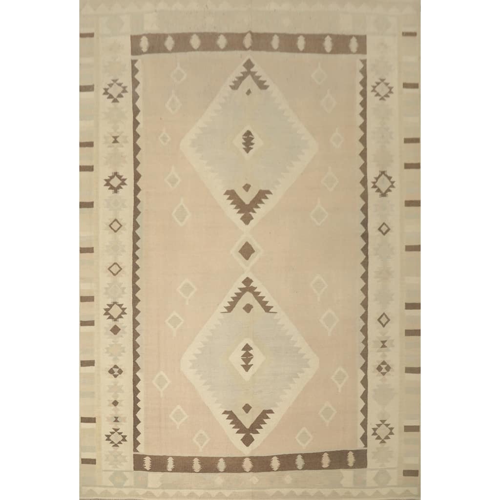 Hand Woven Oriental 100% Wool Carpet Southwestern Tribal Beige & Ivories Kilim Area Rug - 13' 1'' X 10' 0''