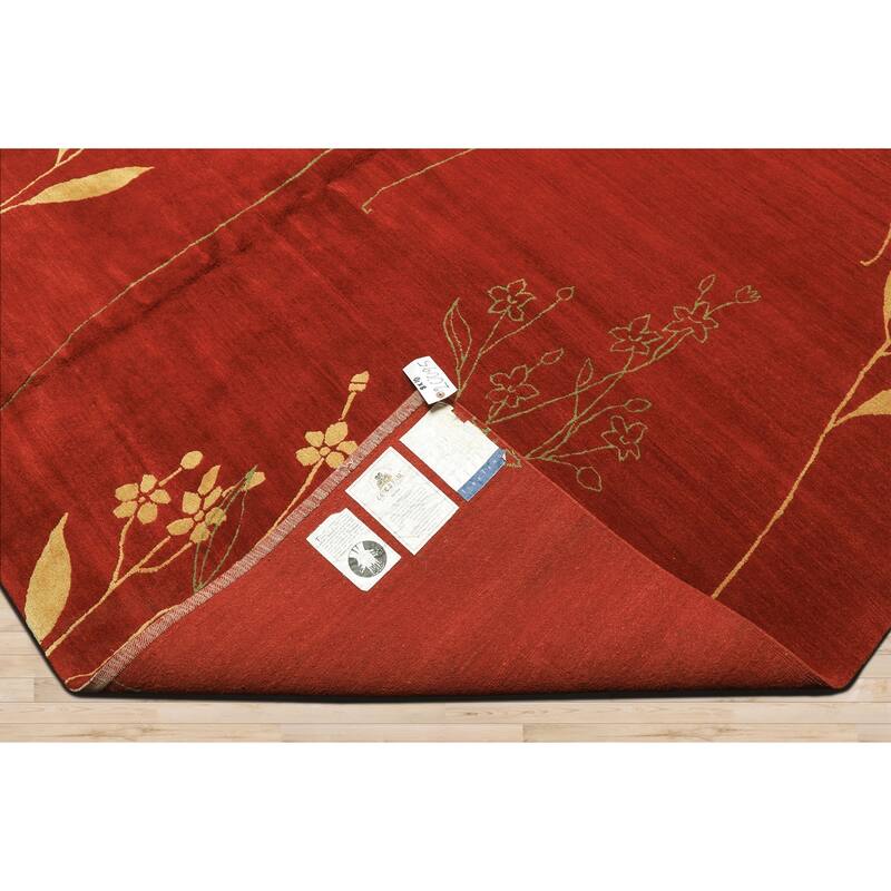 8x10 Hand Knotted Wool & Silk Red Transitional Floral Tibetan Rug - 8' x 10'