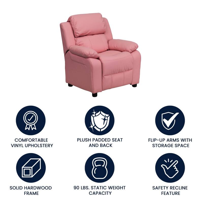 Deluxe Padded Contemporary Kids Recliner with Storage Arms