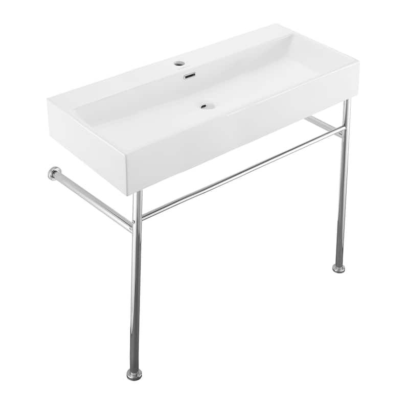Reims 40 Ceramic Console Sink White Basin Chrome Legs - 39.35" x 16.55" 35.45" - 39.35" x 16.55" 35.45" - White