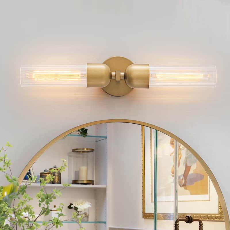 Modern 2-Light Wall Sconce with Ribbed Glass Tube Shades - Brass - 5" W x 4.6" D x 23.4" H