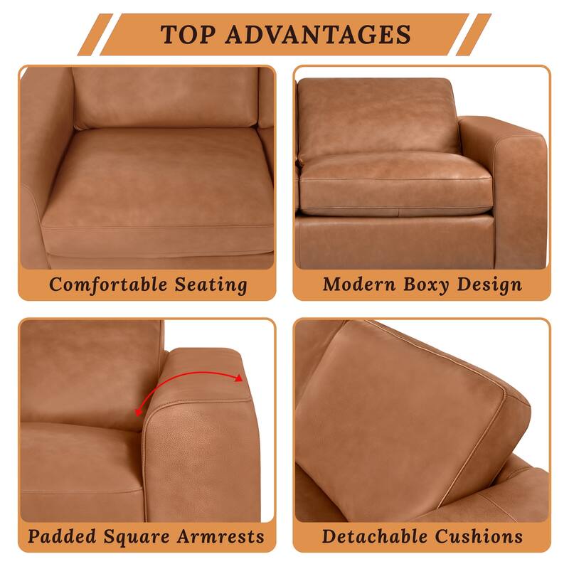Genuine leather sofa & loveseat with feather cushions, square arms, sturdy & stylish.